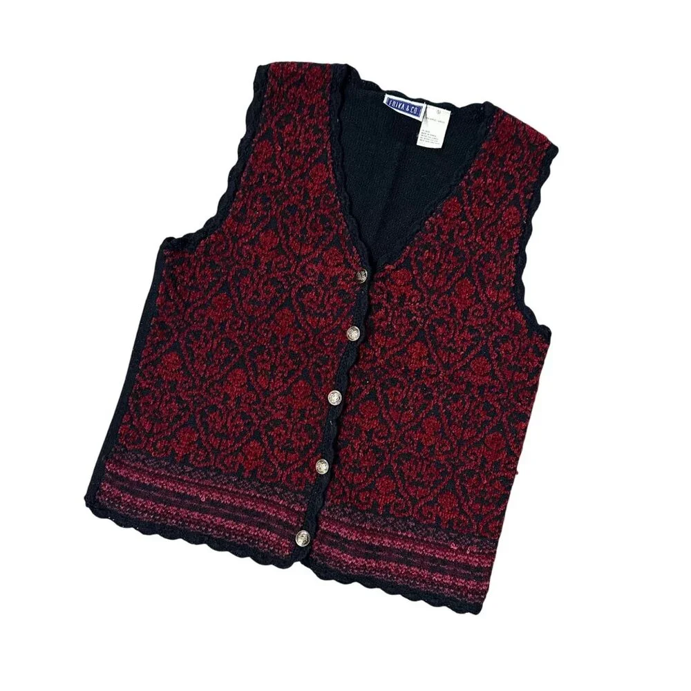 Vintage Vest 1990s Chenille Knit Black Red Button Up Scalloped Edges Small Korea - Picture 1 of 9